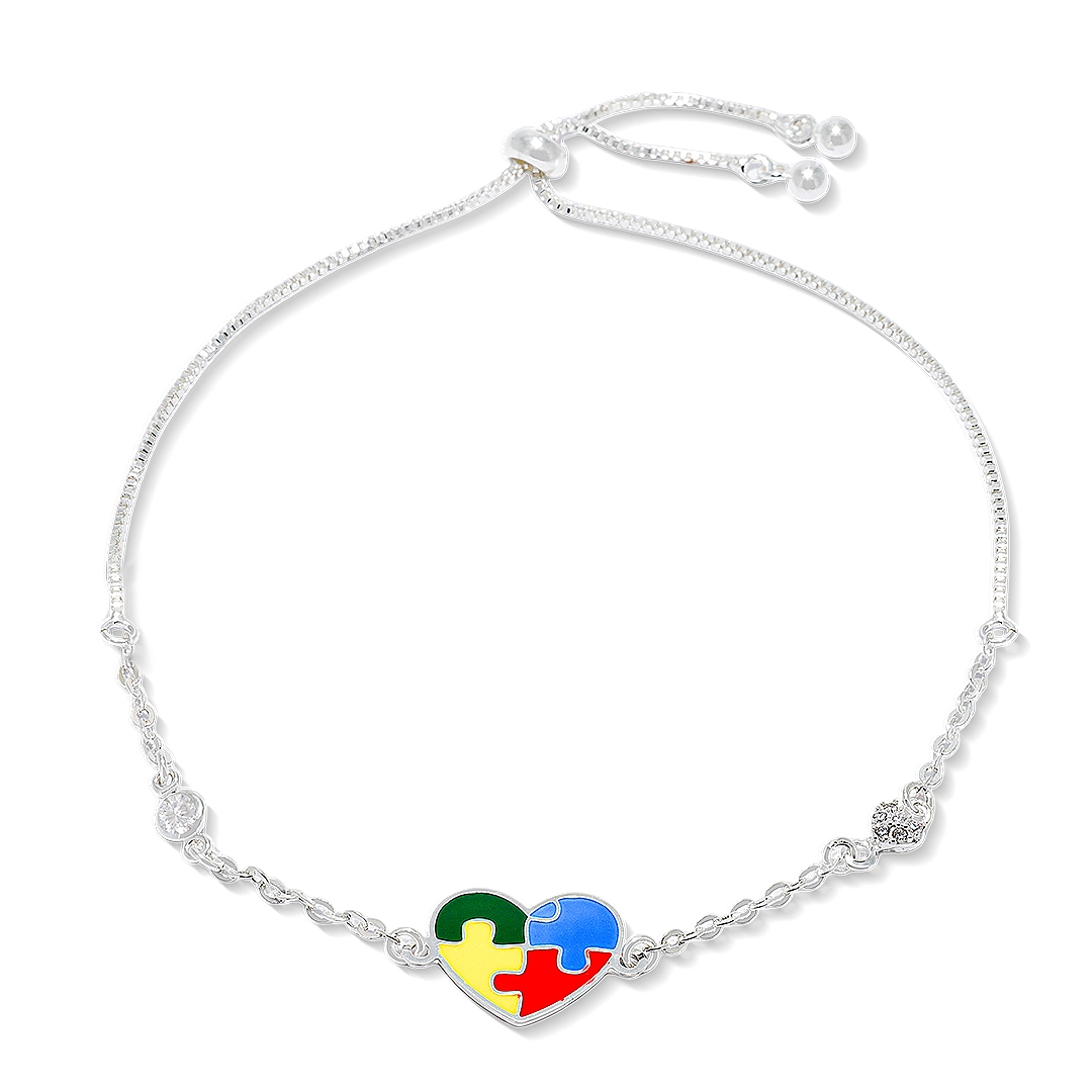Pulseira de Prata Leve Coração Autismo e Zircônias Cristal