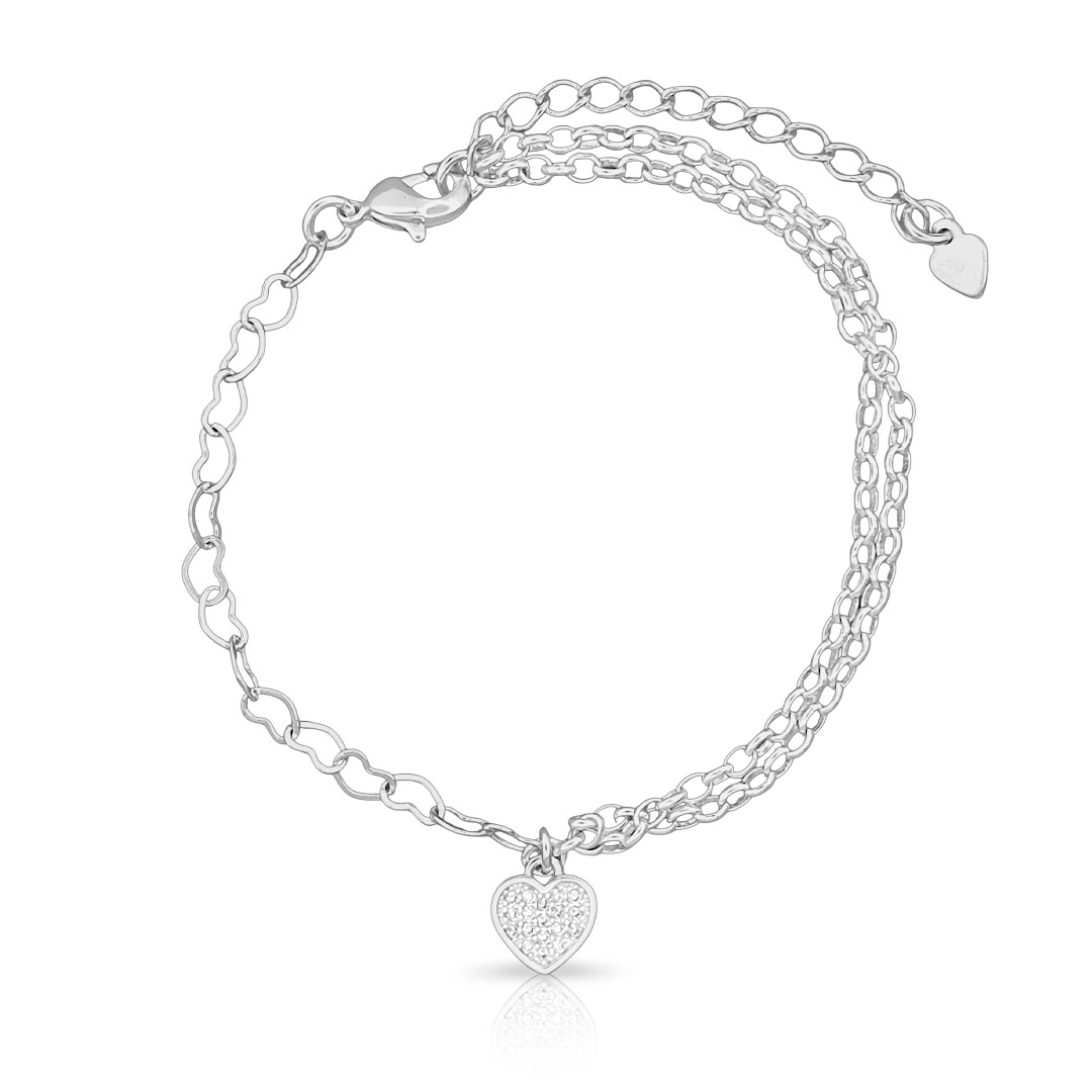 Pulseira De Prata Leve Espelhada com Coração de Zircônias