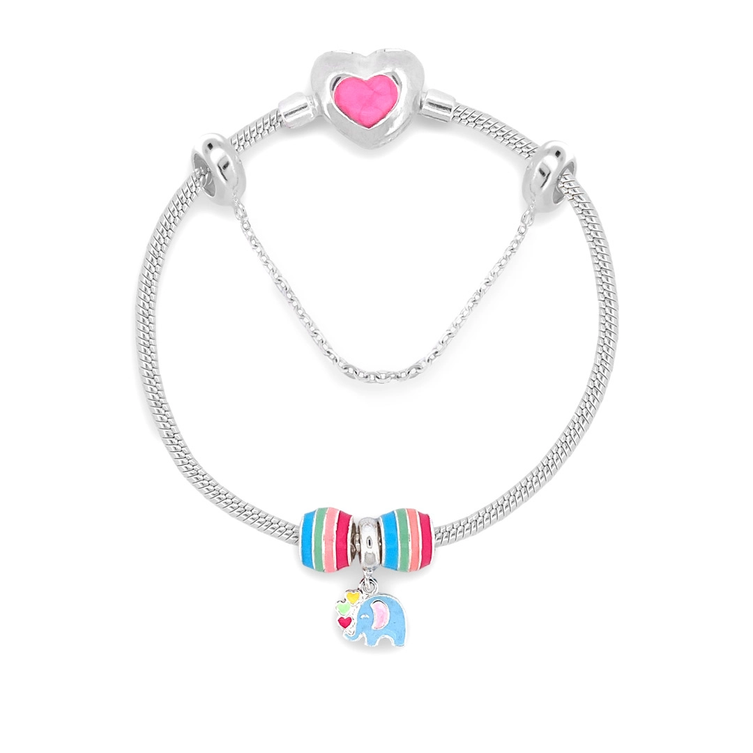 Pulseira de Prata Leve Infantil com Elefante e Separadores Coloridos