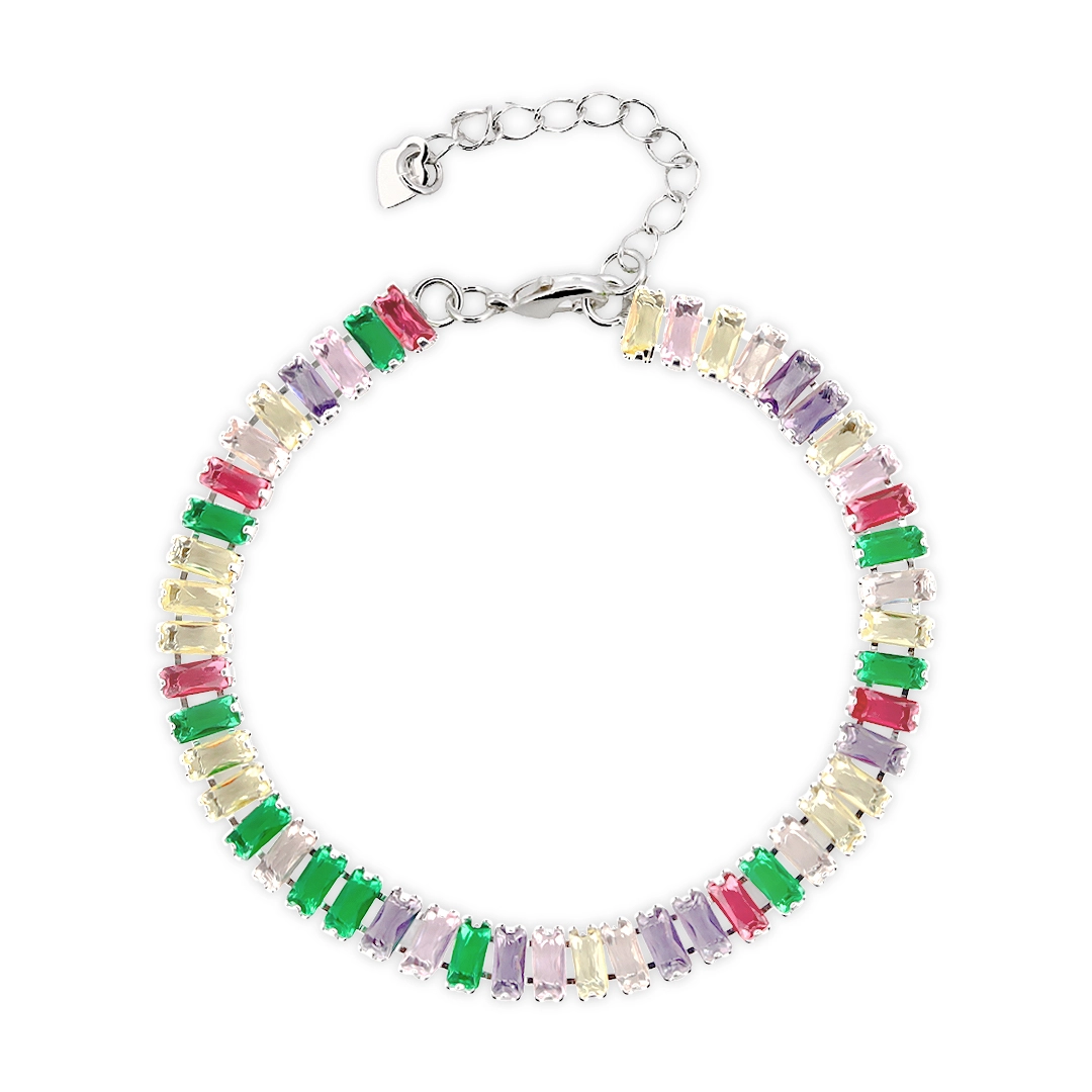 Pulseira de Prata Leve Riviéra com Zircônia Colorida Retangular