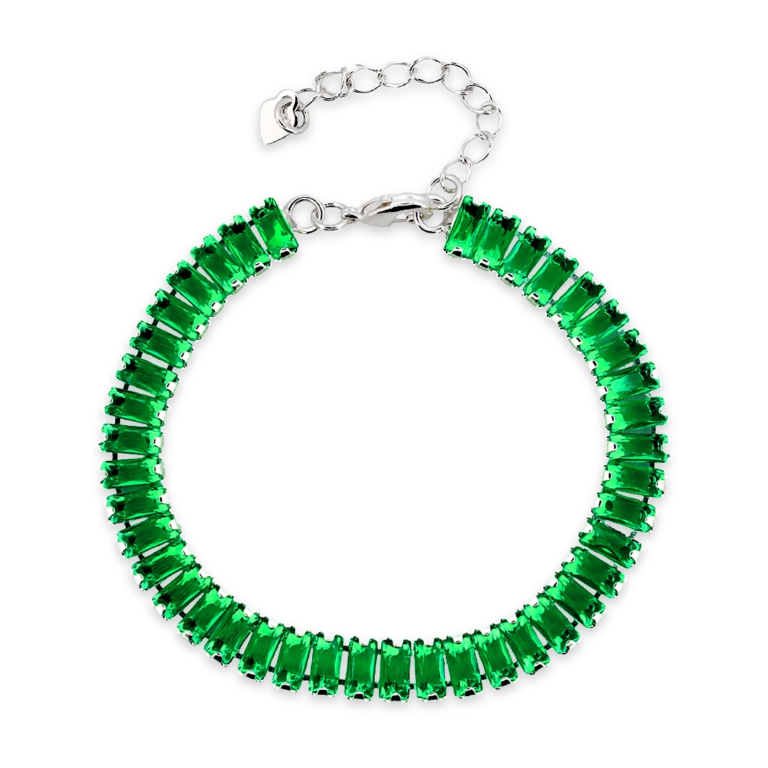 Pulseira De Prata Leve Riviéra Com Zircônia Esmeralda Retangular