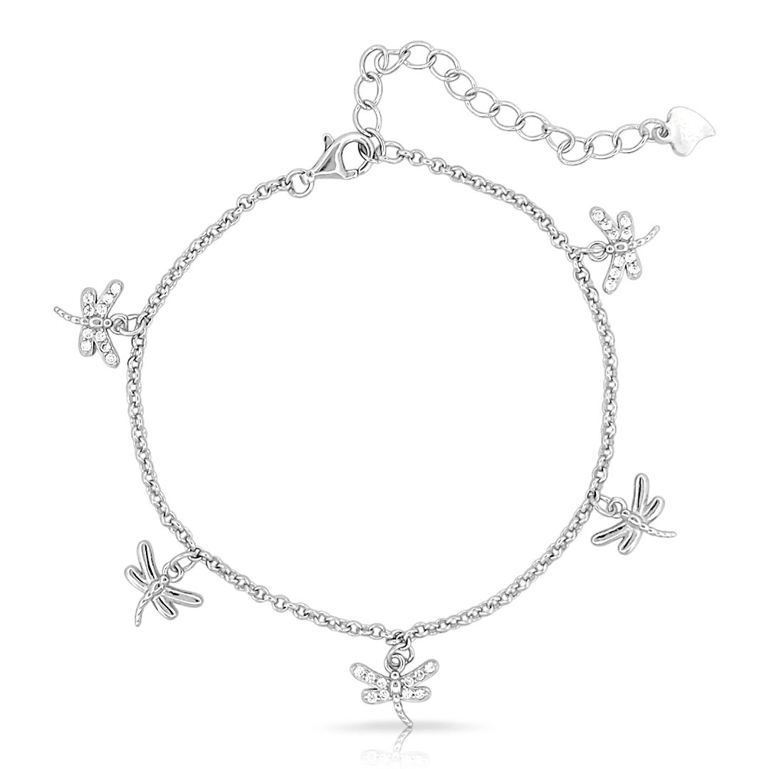 Pulseira de Prata Libélulas com Zircônias Cristal