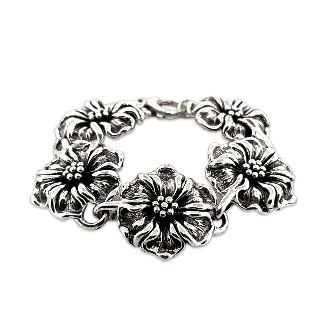 Pulseira de Prata Oca com Flores Envelhecidas
