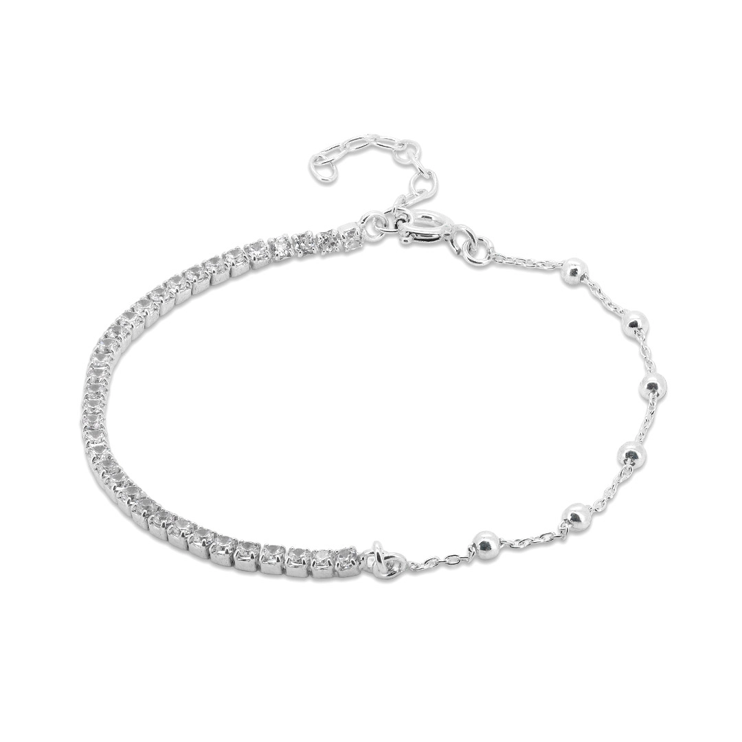 Pulseira de Prata Riviéra com Zircônias Cristal e Esferas Espelhadas